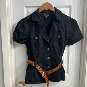 Black JKLA California Blouse + Brown Braided Leather Belt Bundle – Size M